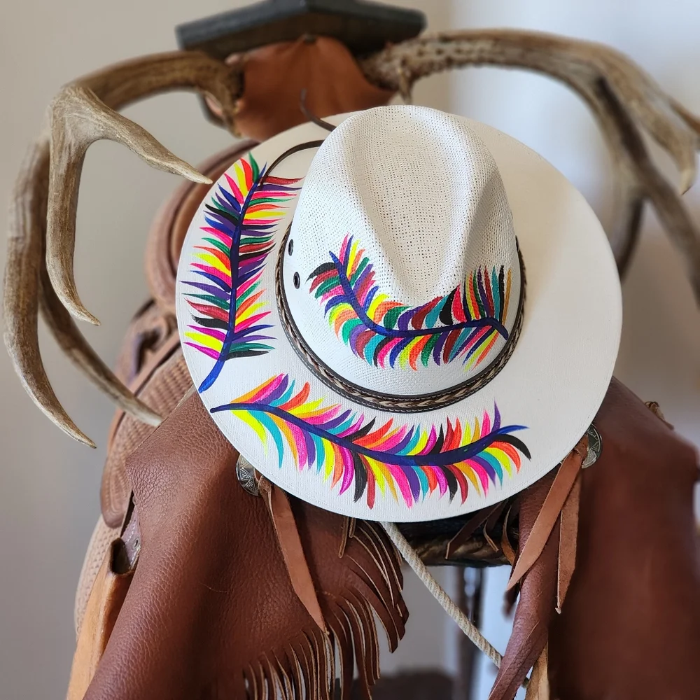 Straw Cowboy Hat with Handpainted Multicolor Feather Design Surefit Hatband Sz L - Picture 6 of 7